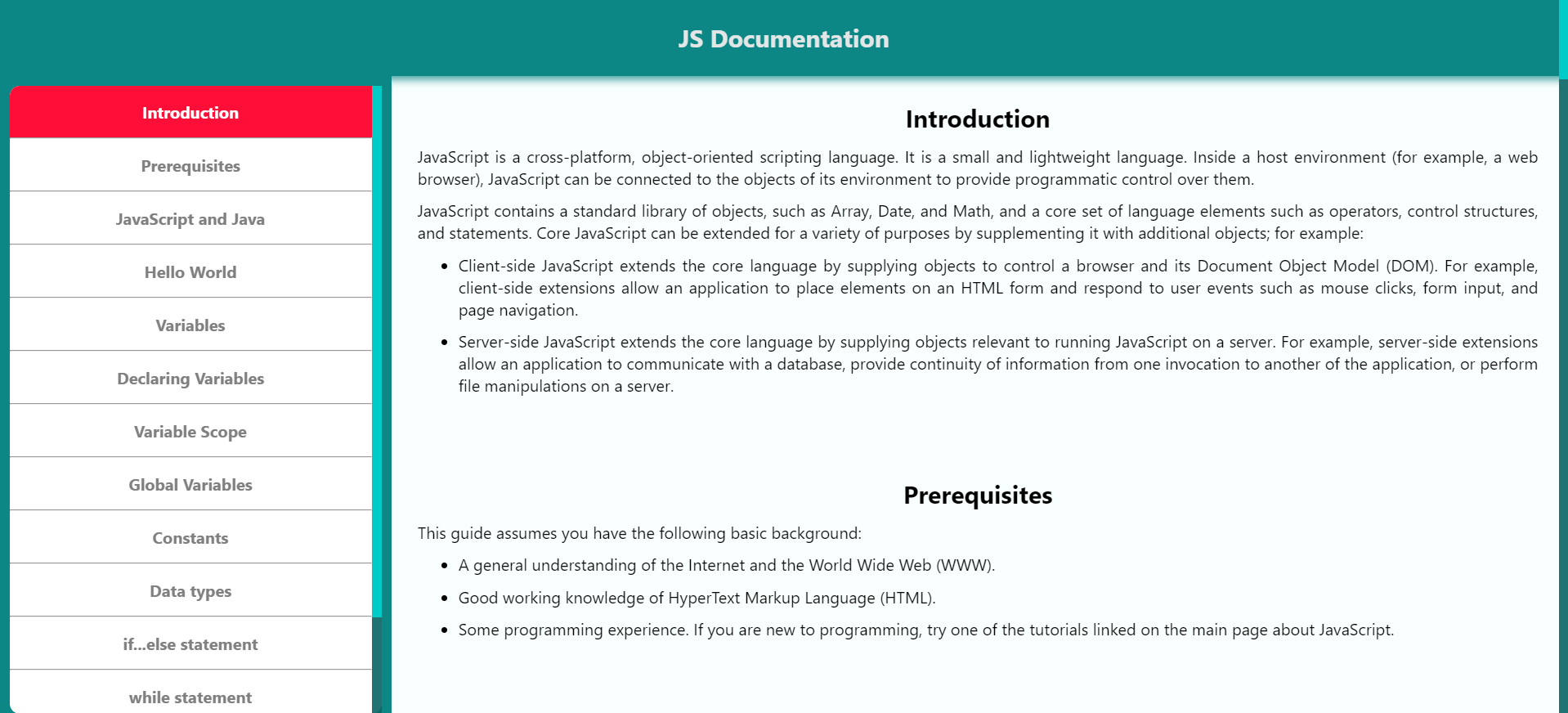 JavaScript Documentation project snapshot